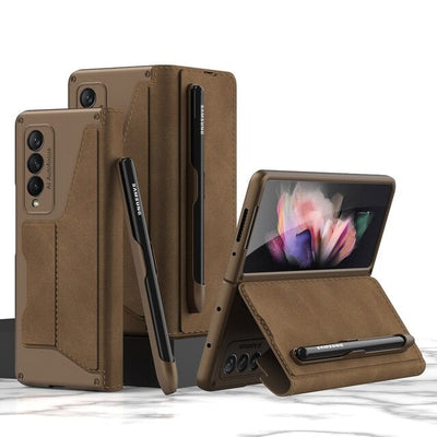 Luxury Folding Pen Slot Leather Case For Samsung Galaxy Z Fold 4 - casestadium