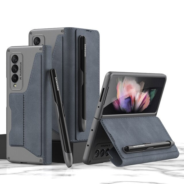Luxury Folding Pen Slot Leather Case For Samsung Galaxy Z Fold 4 - casestadium