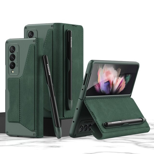 Luxury Folding Pen Slot Leather Case For Samsung Galaxy Z Fold 4 - casestadium