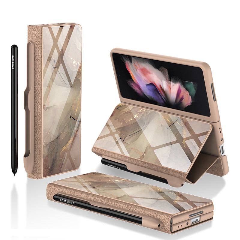 Luxury Leather & Tempered Glass Flip Stand Case For Galaxy Z Fold - casestadium