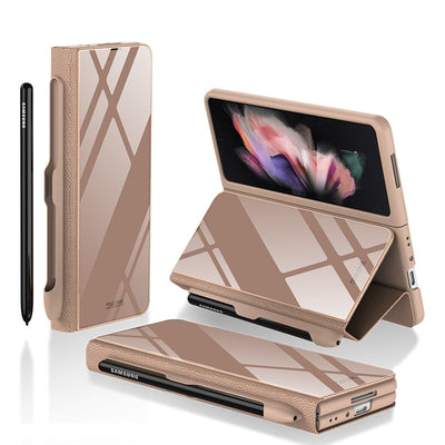 Luxury Leather & Tempered Glass Flip Stand Case For Galaxy Z Fold - casestadium
