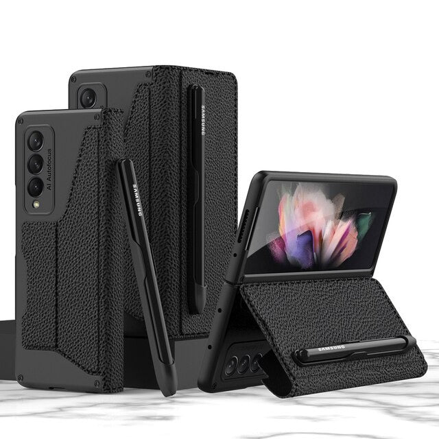 Luxury Folding Pen Slot Leather Case For Samsung Galaxy Z Fold 4 - casestadium