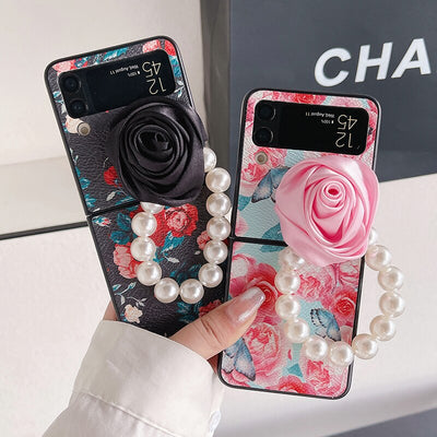 Elegant Leather Rose case with Pearl Bracelet For Samsung Galaxy Z Flip 4 - casestadium
