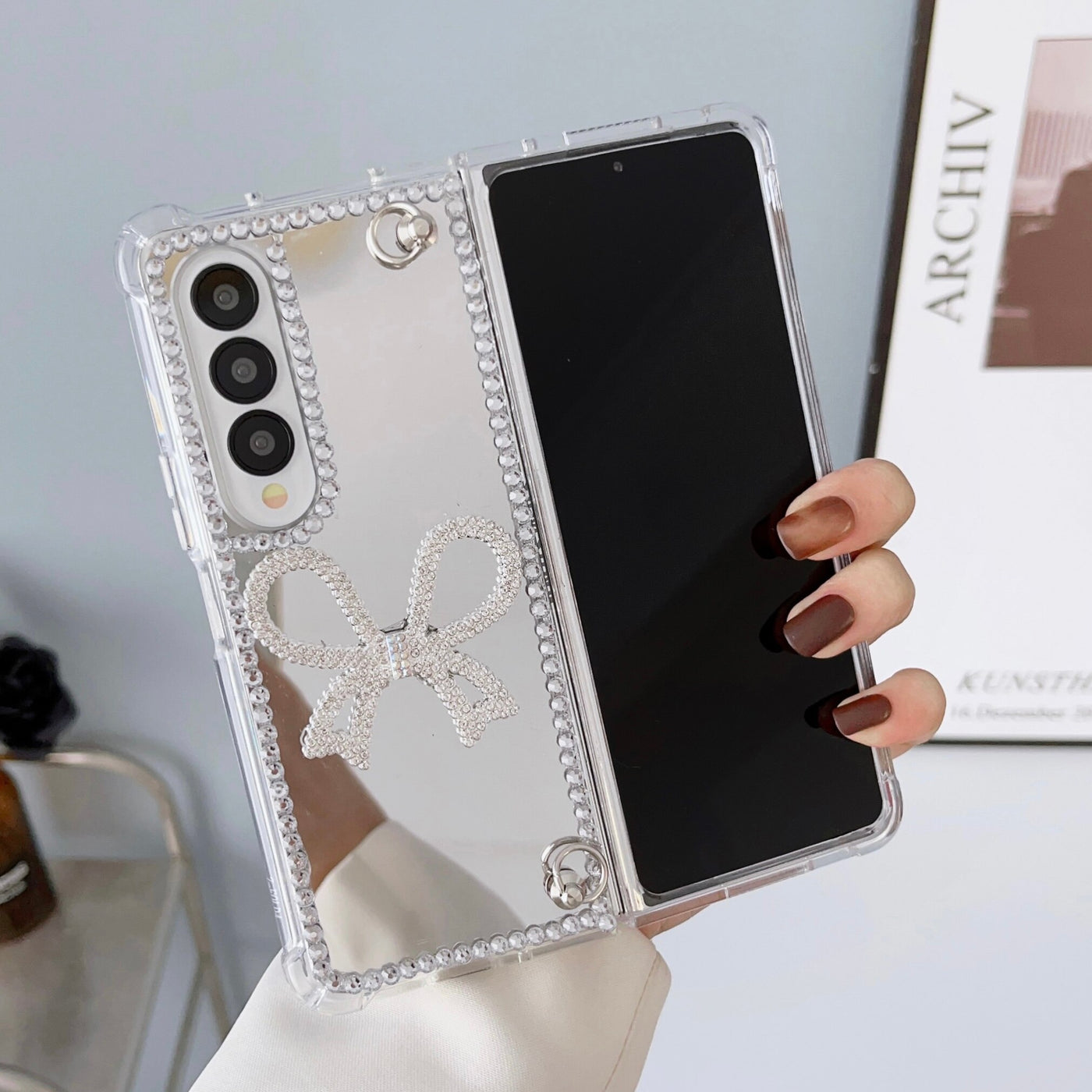 Luxury Diamond Bowknot Pearl Camellia Phone Case For Samsung Galaxy Z Fold 4 & 3