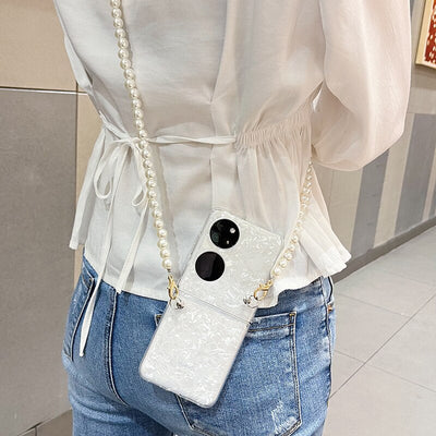 Fashion Pearl Long Chain Case With Lanyard Necklace Strap Conch Cameo Shell Pattern Case For Huawei P50 Pocket - casestadium