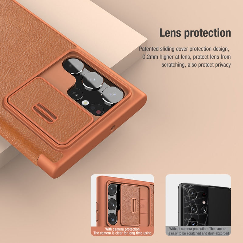 Ultra Leather Flip Cover Slide Camera Lens Protection Case For Galaxy S23 Ultra - casestadium