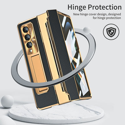 Newest Shield Hinge Plain Leather All-inclusive Drop-Proof Phone Case For Samsung Galaxy Z Fold3 Fold4 5G - casestadium