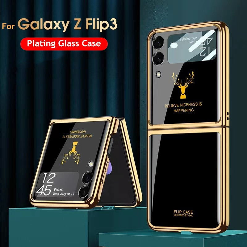 Luxury Deer Pattern Electroplating Tempered Glass Case For Samsung Z Flip 3 5G - casestadium