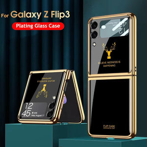 Luxury Deer Pattern Electroplating Tempered Glass Case For Samsung Z Flip 3 5G - casestadium