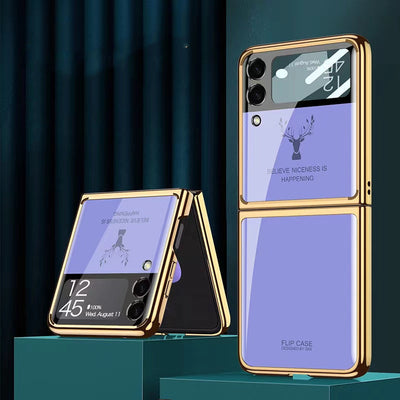 Luxury Deer Pattern Electroplating Tempered Glass Case For Samsung Z Flip 3 5G - casestadium