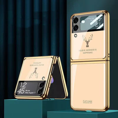 Luxury Deer Pattern Electroplating Tempered Glass Case For Samsung Z Flip 3 5G - casestadium