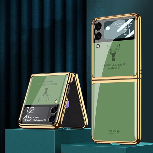 Luxury Deer Pattern Electroplating Tempered Glass Case For Samsung Z Flip 3 5G - casestadium