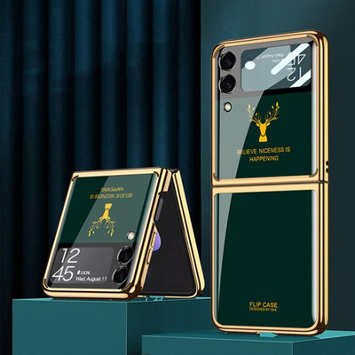 Luxury Deer Pattern Electroplating Tempered Glass Case For Samsung Z Flip 3 5G - casestadium